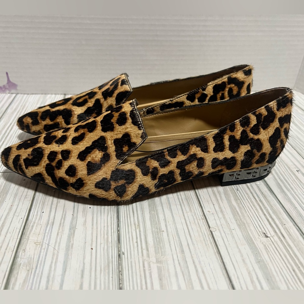 Franco Sarto Leopard Print Susie Loafers Shoes Stud Heel Sz 6.5 Cow Hair new
